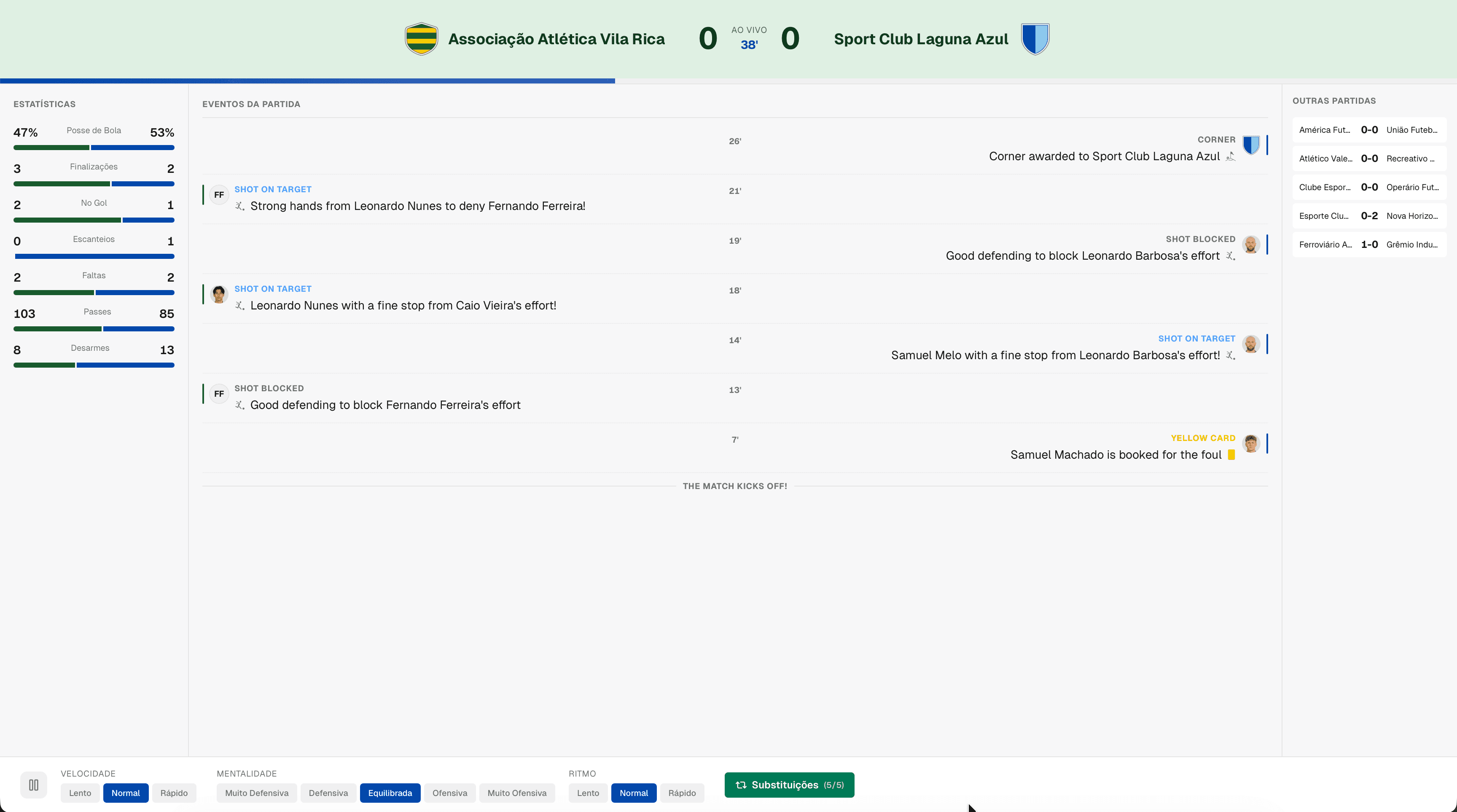 Partida ao vivo com placar, estatísticas em tempo real e feed de eventos.